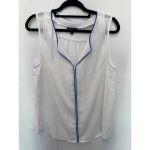 ModCloth Sleeveless White Top Blue Piping V-Neck Shirt Women's Large